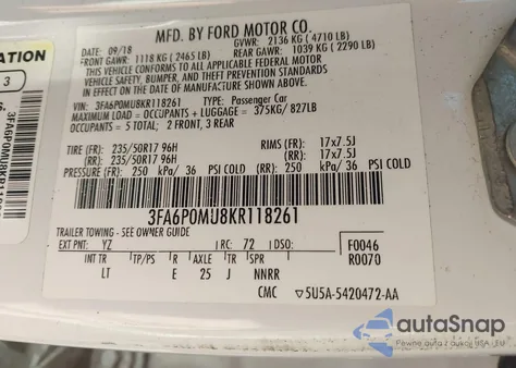 2019 Ford Fusion Hybrid Sel z USA, uszkodzony, nr VIN 3FA6P0MU8KR118261